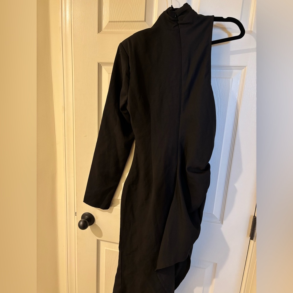 PrettyLittleThing Black One shoulder Long sleeve High Neck Midi Dress Size 10